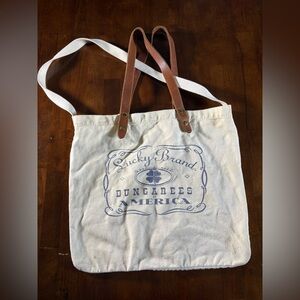 Lucky Brand Cream 100% cotton Canvas Tote with Brown Leather straps